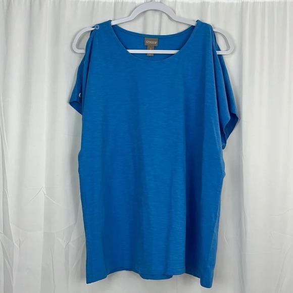 Chico’s New Peek-A-Boo Short Sleeve Cotton Top In Laguna Blue - Picture 1 of 6